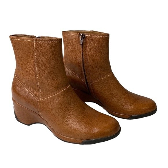 Nurture Grant Honey Brown Leather Boot Zip Ankle Bootie Wedge Heel Classy Neutra - Picture 1 of 16